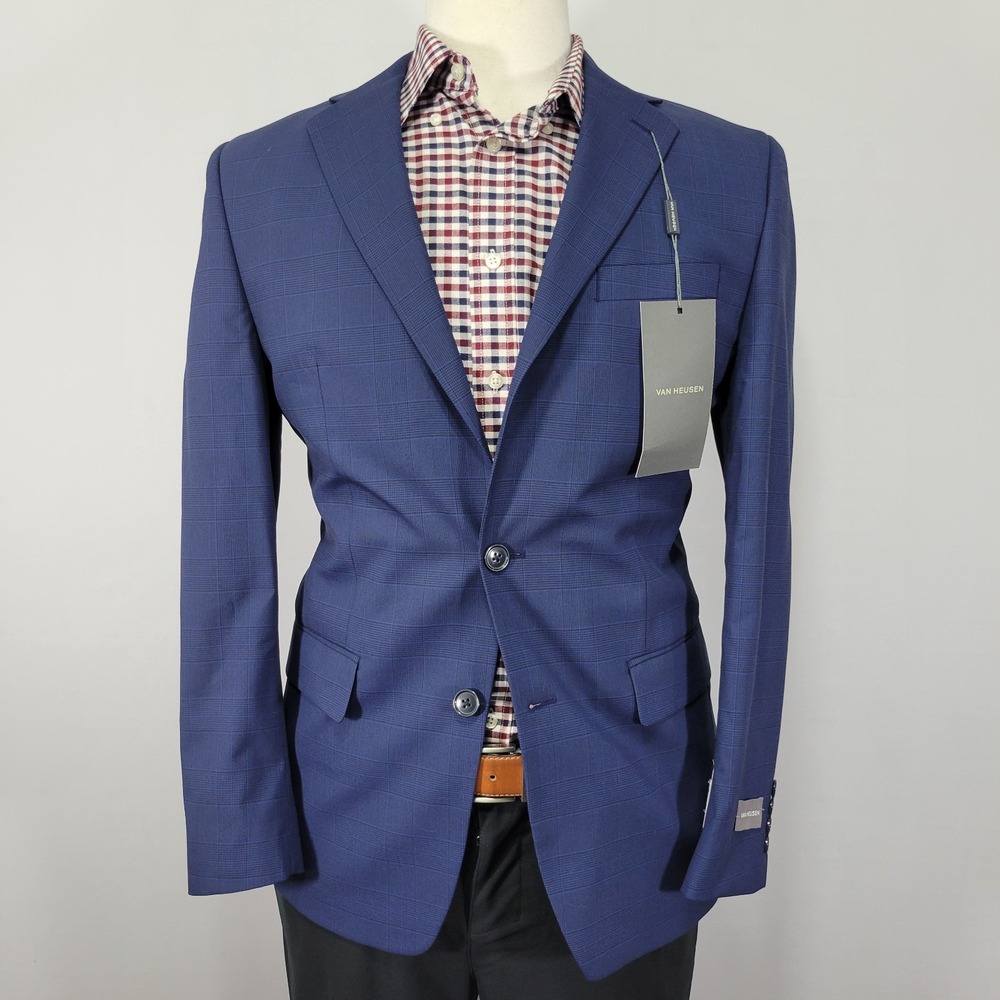 Van Heusen TALON Mens Sport Coat Blazer Two Button Navy Plaid Poly Blend 38R NEW